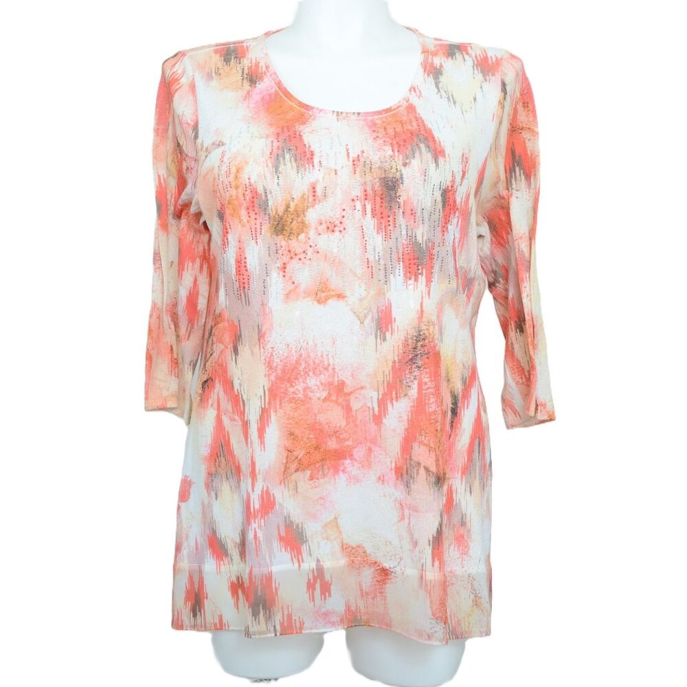 Avenue PLUS 14/16 Pink Watercolor Artsy Chiffon Hem 3/4 Sleeve Tunic Top Stretch